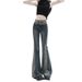 Women’s High-Waisted Flared Jeans – Vintage Washed Denim With Contrast Stitching & Patchwork Design (S-2XL, Retro Blue, Relaxed Fit)_mkmklike.com