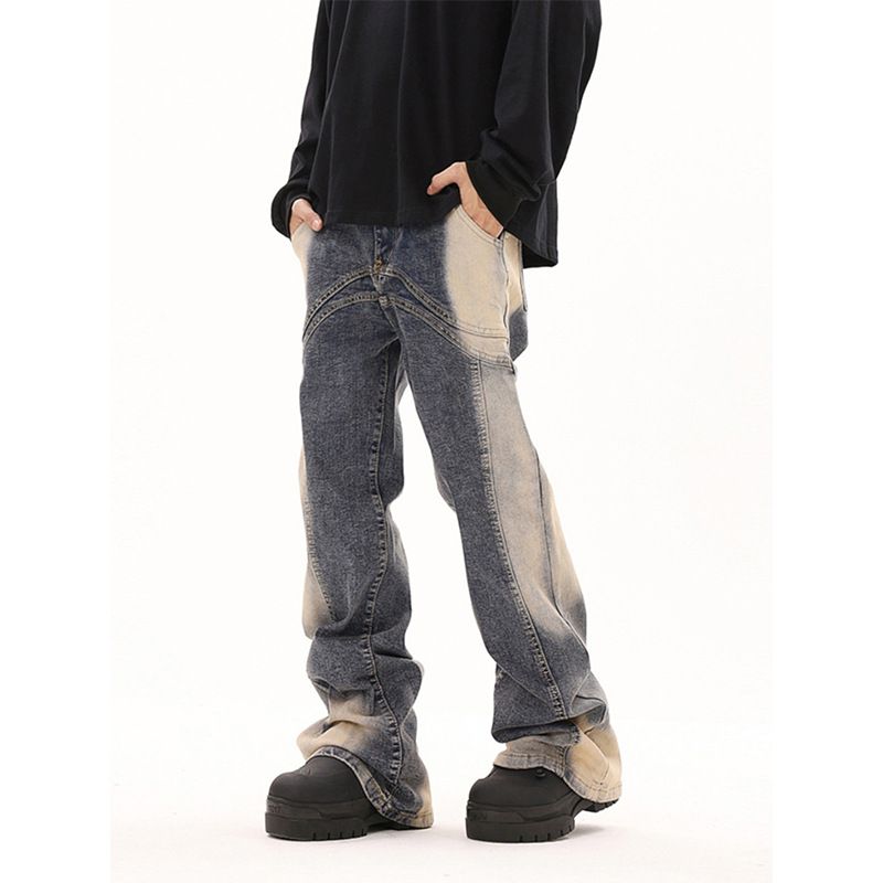 Nordmann European And American Vibe Jeans For Men Retro Irregular Patchwork Flared High Street Trend Loose Straight Casual Pants_mkmklike.com