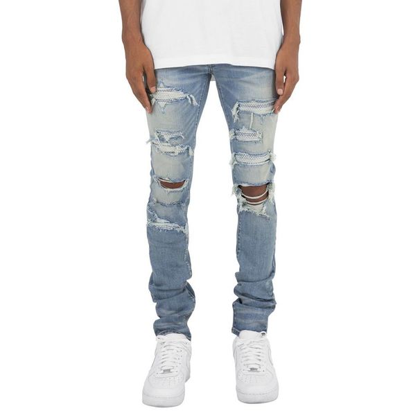 Men's Slim Fit Skinny Jeans European American Style Heavy Duty Embroidered Ripped Distressed Patchwork Trendy Autumn Winter Cool Beggar Long Pants_mkmklike.com