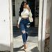 Women's Dark Blue High-Waisted Skinny Jeans Distressed High Elasticity Frayed Edges Slim Fit Denim Jeans_mkmklike.com