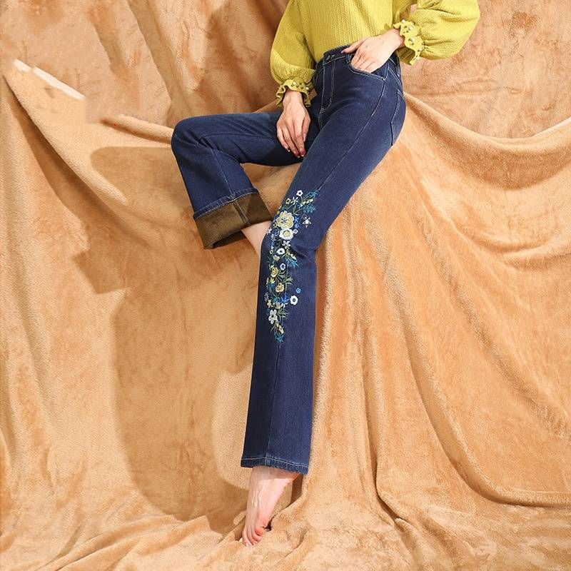 Women's Clothing High Waist Winter New Velvet Warm And Comfortable Bell Bottom Pants Embroidered Large Size Jeans_mkmklike.com