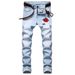 Men's Slim Fit Stretch Jeans Light Blue Denim Pants Comfortable Casual Trousers Everyday Wear with Embroidered Rose_mkmklike.com