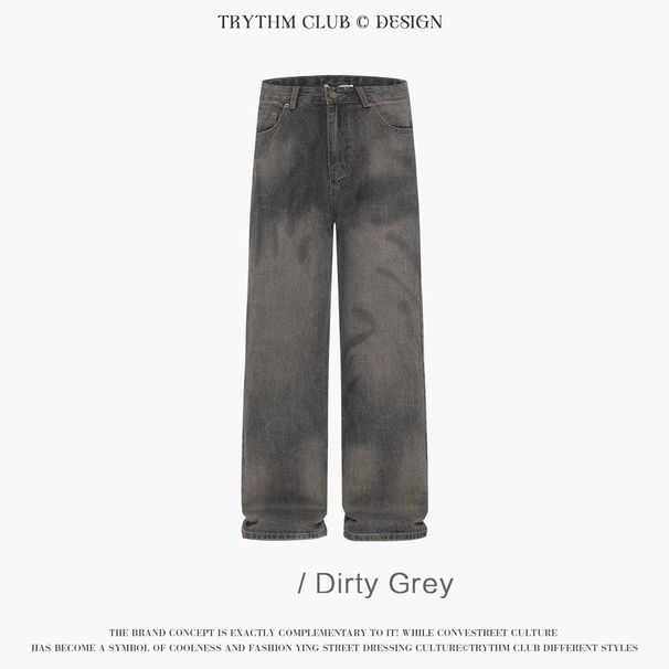 Men's Clothing basic dirty gray washed distressed high street fashion texture loose straight casual jeans_mkmklike.com