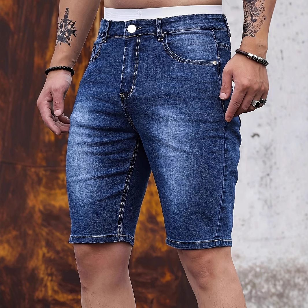 Men's Slim Fit Stretch Denim Shorts - Summer Fashion In Navy Blue, Black & More (5-Pocket Style)_mkmklike.com