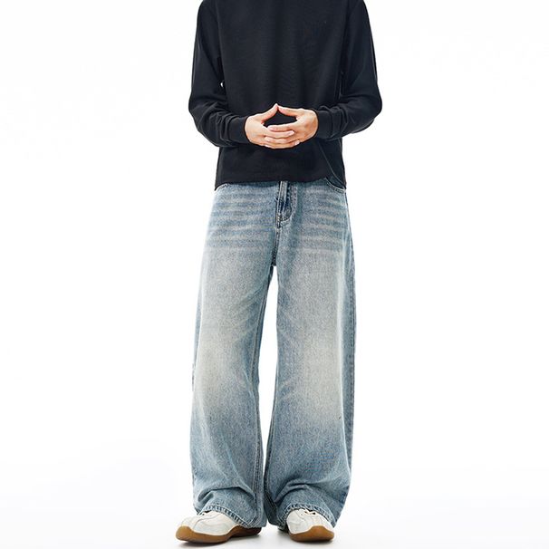American Classic Washed Cat Whisker Scimitar Jeans Men's And Women's Loose Silhouette Long Pants_mkmklike.com