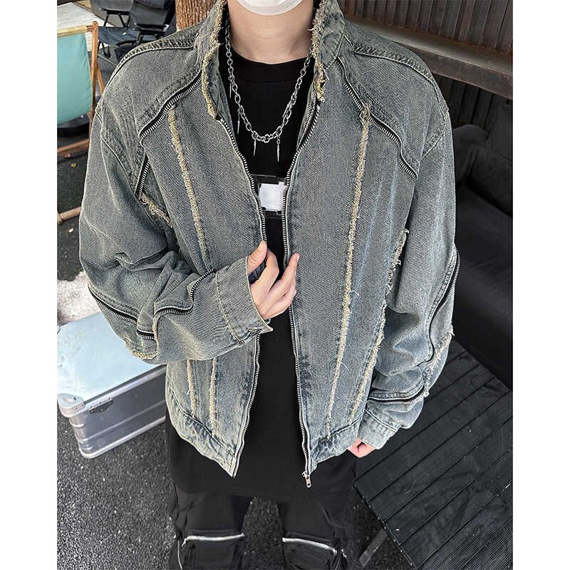Men's Clothing Short Denim Jacket For Men, High End And Handsome Hairstylist, Trendy Brand Design, Tassel Raw Edge Fashion Jacket_mkmklike.com