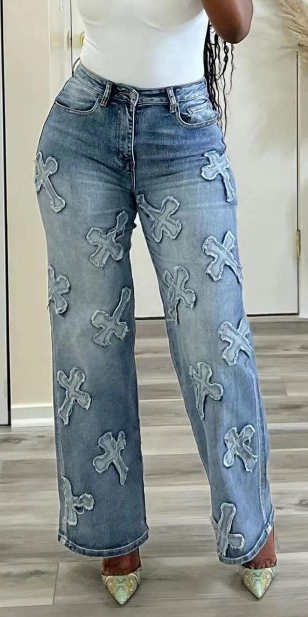 Women's retro washed denim tassel cross hip-hop straight 9-point pants_mkmklike.com