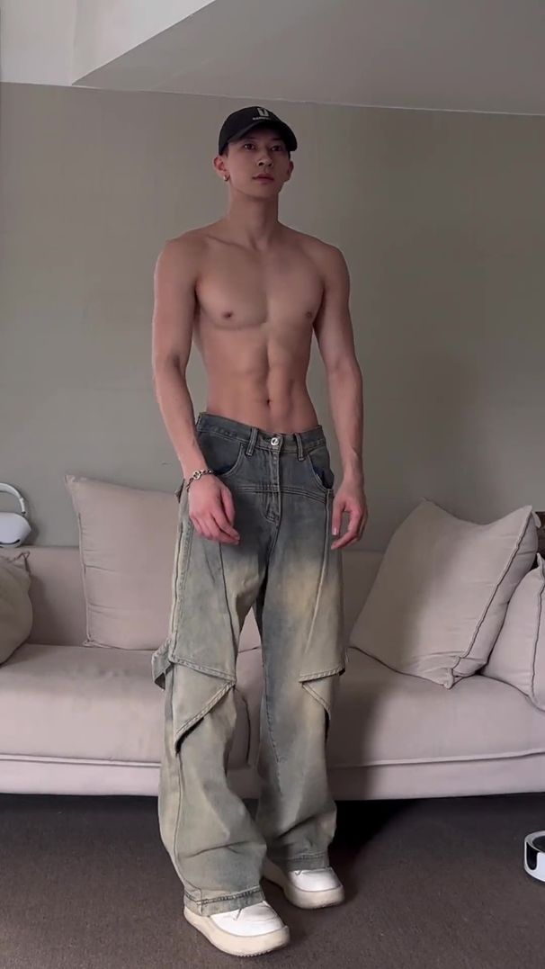 Men's Slim Fit Cargo Jeans Retro Patchwork High Waist Street Style Trendy Hip Hop INS American Blue Low Rise Long Pants_mkmklike.com