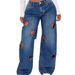 Women's American Style Hollow Out Heart Embroidered Wide Leg Pants Loose Floor Length_mkmklike.com
