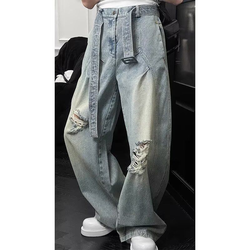 Summer Trendy Retro Patchwork Design Ripped Belt Loose Fit Denim Jeans for Women Versatile Casual Style_mkmklike.com