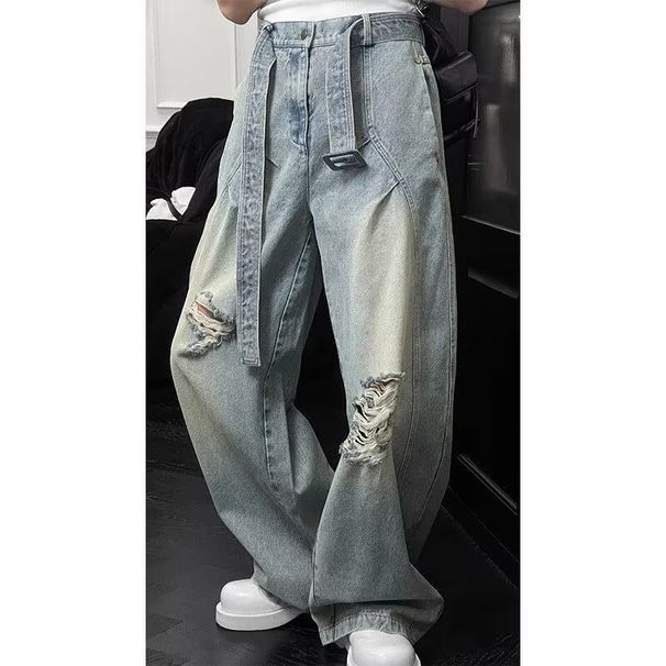 Summer Trendy Retro Patchwork Design Ripped Belt Loose Fit Denim Jeans for Women Versatile Casual Style_mkmklike.com
