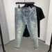 Men's Slim Fit Jeans With Printed Design, Tapered Leg, Nine-Length, Summer Casual Style, Comfortable Stretch Denim For Youth_mkmklike.com