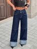 Women's Dark Blue High-Waisted Double Button Wide Leg Jeans Topstitching Rolled up Hem Patchwork Floor-Length Cargo Pants_mkmklike.com