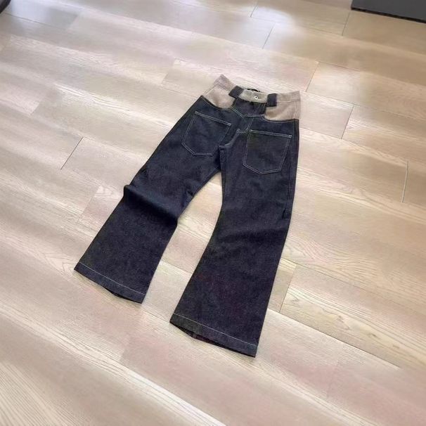 Scarf-Inspired Wool-Blend Flared Jeans Okura Relaxed Silhouette, Retro Wide Bell Bottoms, Asymmetric Hem (Black Raw Denim)_mkmklike.com