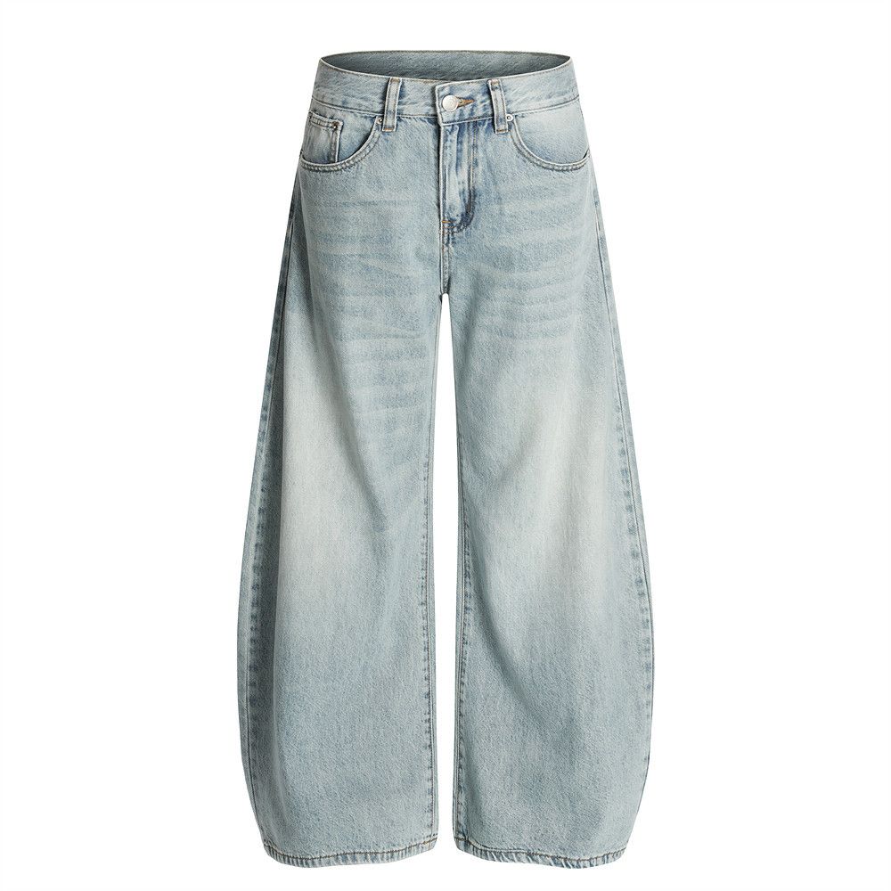 American Street Style Vintage Washed Denim Scimitar Men's Loose Wide-Leg Oversized Sickle Casual Dad Long Pants_mkmklike.com