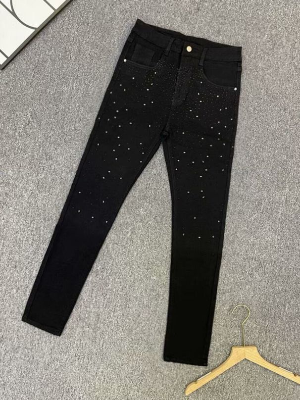 Men's Slim Fit Jeans With Rhinestone Details - Black Stretch Denim Pants For Streetwear & Casual Wear (Ankle Length)_mkmklike.com