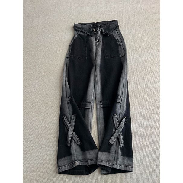 Women's Clothing Gray Gradient Cuffed Retro Distressed Jeans For Women Spring Design High Waist Loose Slim Straight Floor Length Pants_mkmklike.com