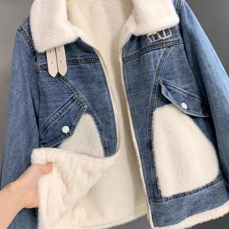 Women’S Faux Shearling Denim Jacket – Winter Fleece-Lined, Oversized & Stylish, Warm & Comfortable (White/Grey, S-L)_mkmklike.com