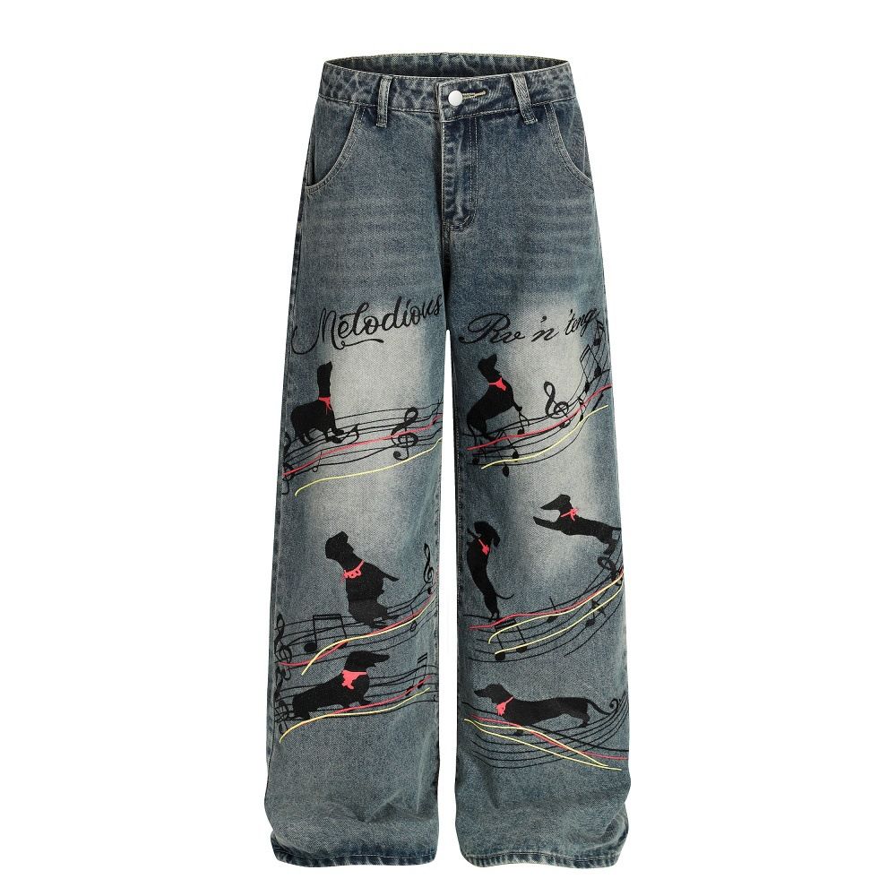 Unique Design Animal Print Washed Vintage Denim Wide-Leg Men's High Street Trend Loose Straight Long Pants_mkmklike.com