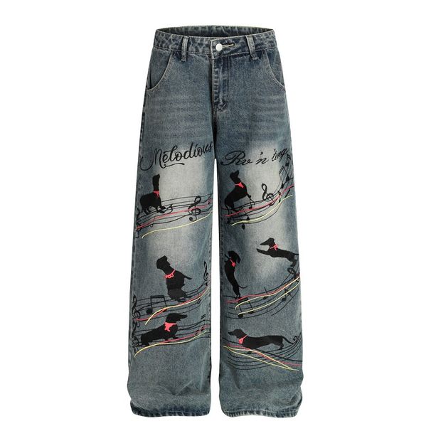 Unique Design Animal Print Washed Vintage Denim Wide-Leg Men's High Street Trend Loose Straight Long Pants_mkmklike.com