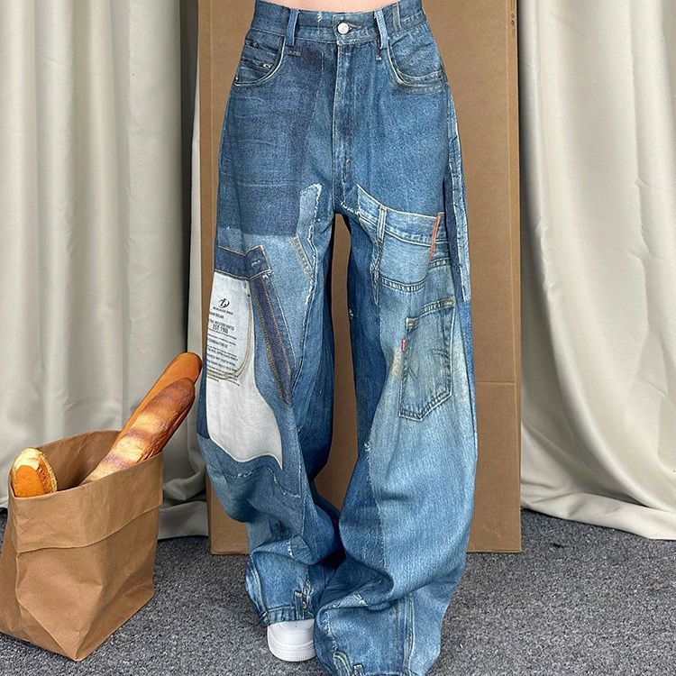Women’s Clothing large size patch patchwork printed jeans women's autumn and winter new hot girl design mopping trousers_mkmklike.com