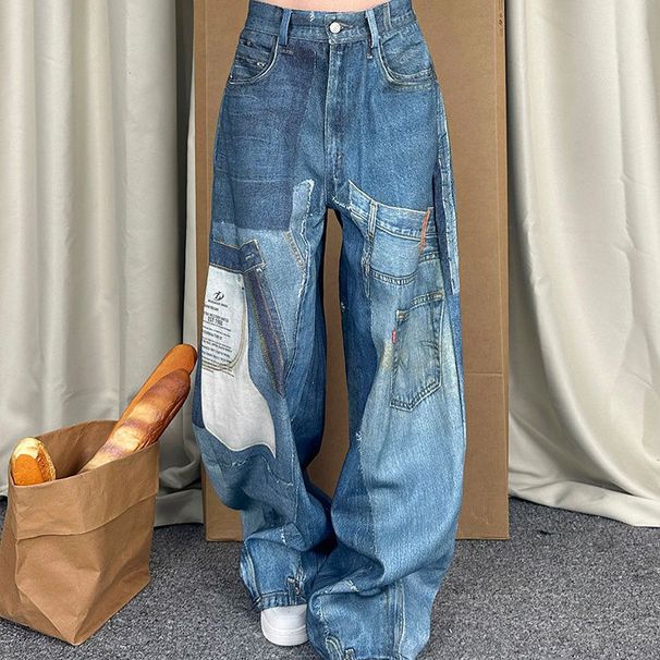 Women’s Clothing large size patch patchwork printed jeans women's autumn and winter new hot girl design mopping trousers_mkmklike.com
