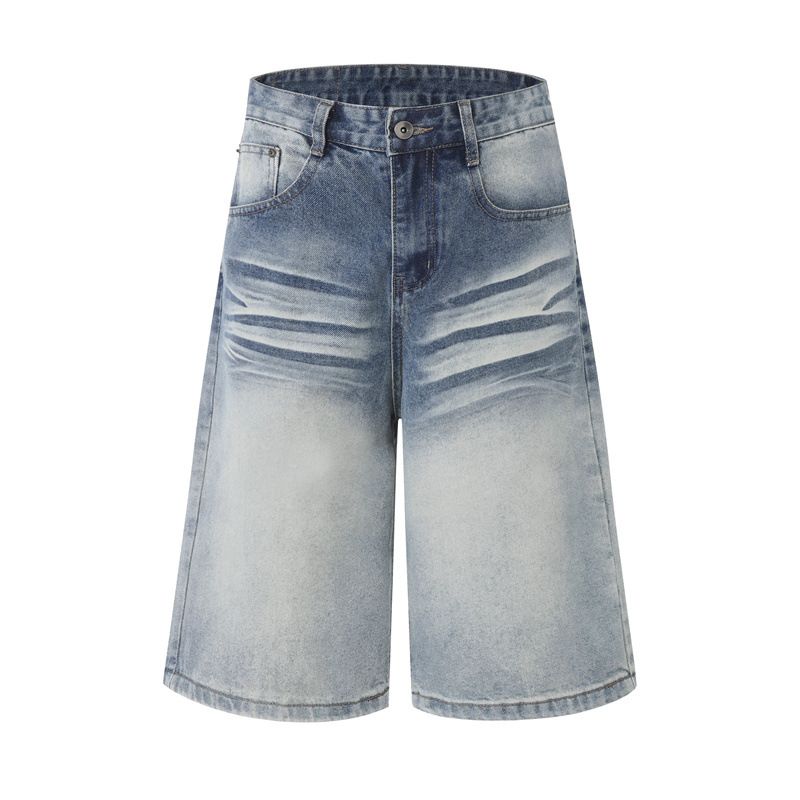 Whiskered Gradient Denim Cropped Shorts American Style Wide Leg Loose Straight Leg Cool Clean Fit Summer Trendy Men's Clothing_mkmklike.com