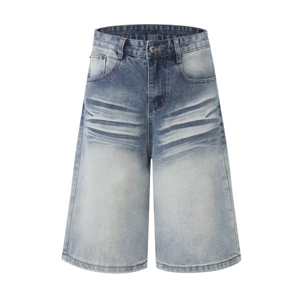 Whiskered Gradient Denim Cropped Shorts American Style Wide Leg Loose Straight Leg Cool Clean Fit Summer Trendy Men's Clothing_mkmklike.com