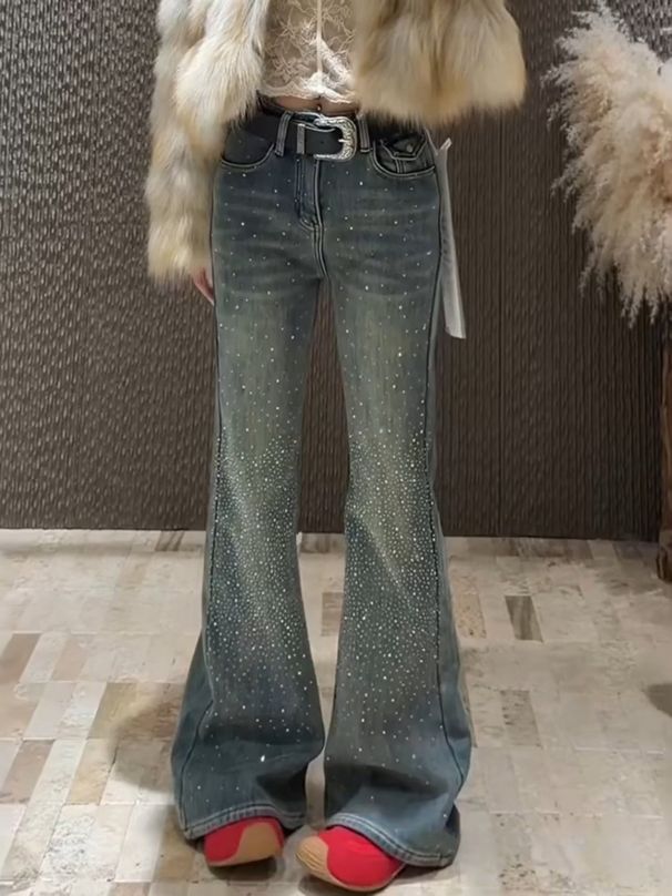 Plus Size Vintage Flare Jeans For Women – Stretchy High-Waisted Rhinestone Embellished Bootcut Denim Pants (Blue, S-3XL)_mkmklike.com
