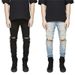 Men's High Street Slim Fit Jeans European American Kanye West Style Large Ripped Knee Elastic mid Waist Long Pants Trendy Black Blue_mkmklike.com