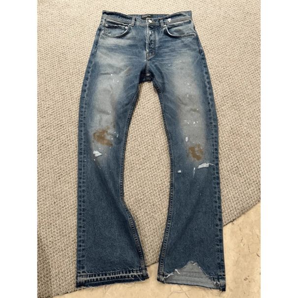 Men's Destroyed Washed Denim Jeans - Distressed Rust & Mud Dye Bootcut Pants For Streetwear Oxidized Rust Effects_mkmklike.com