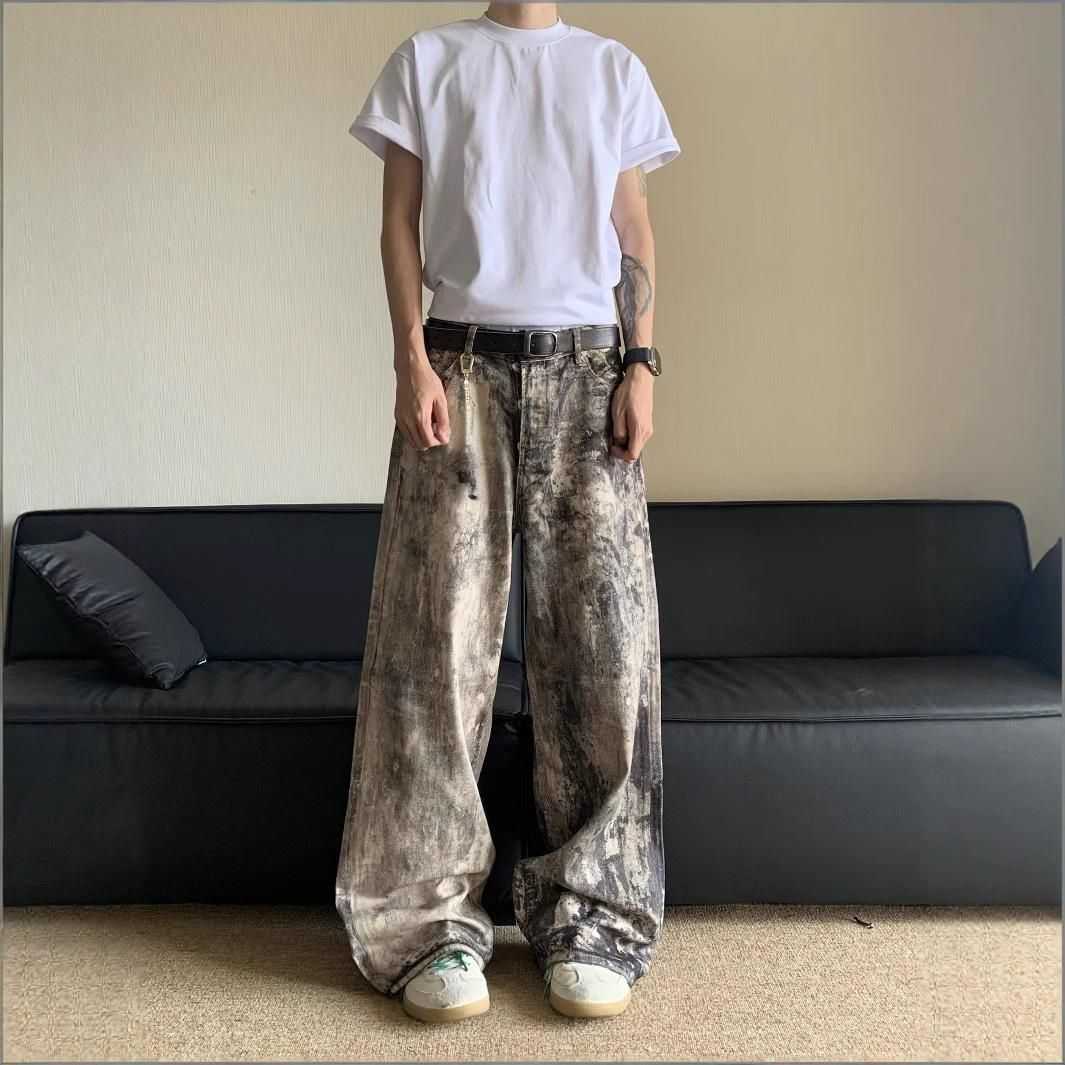 Men's Clothing Men's 3D Digital Camouflage Denim Trousers American Style Distressed Low Waist Wide Leg Casual Spring Summer Fashion_mkmklike.com