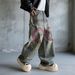 Men's Clothing Trendy Men's Loose Fitting Straight Leg Jeans Graffiti Details Blue Washed Faux Ripped American Style_mkmklike.com