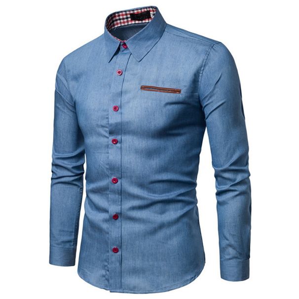 Spring and Autumn Casual Pocket Collar Cotton Slim Fit Long Sleeve Denim Shirt Men's_mkmklike.com