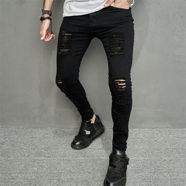 Men's Casual Ripped Slim Fit Denim Small Feet Personalized Trend Jeans_mkmklike.com
