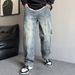 Men's Casual Loose Fitting Wide Leg Jeans Trendy Fashionable High Street Straight Leg Pants For Spring_mkmklike.com