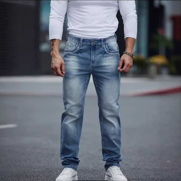 Plus Size Men's Stretchy Jeans High Street Trendy Business Style Long Pants_mkmklike.com