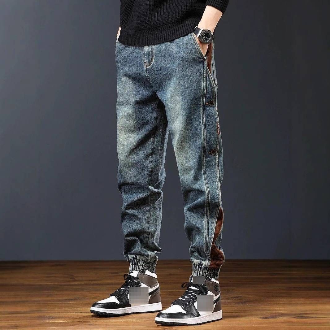 Men's Heavyweight Utility Cargo Pants – Distressed Denim Patchwork With Adjustable Cuffs | Streetwear & Hip-Hop Style_mkmklike.com