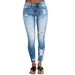 Women's Clothing Distressed Denim Jeans - Mid Rise Straight Leg Stretch Comfort Fit Casual Pants - Blue_mkmklike.com