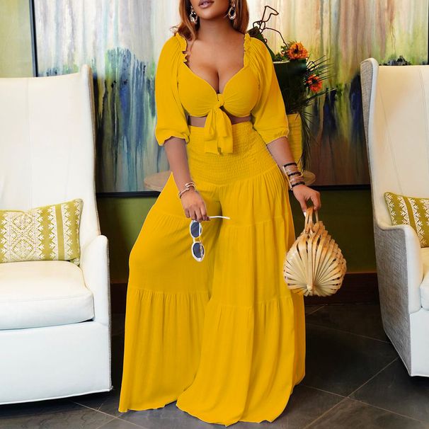 Women's Clothing women's summer fashion casual street suit pleated sexy solid color foreign trade two piece suit_mkmklike.com