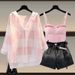 Women's Clothing Summer Outfit Complete Set New Style Sun Protection Shirt Large Size Slim Suspenders Denim Shorts Three Piece Set_mkmklike.com