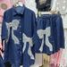 Women's Clothing Heavy Industry Diamond Bow Denim Shirt Top Elastic Waist Denim Shorts Two Piece Set_mkmklike.com