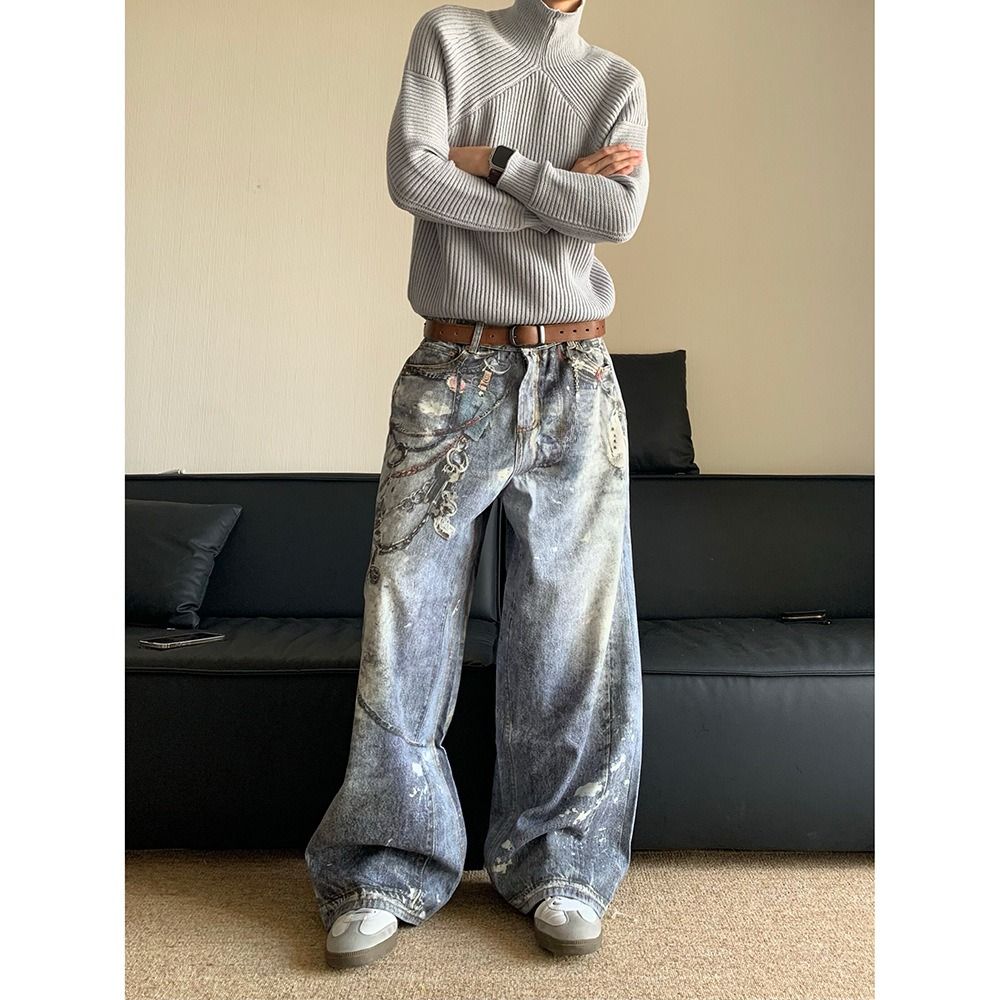 Distressed 3D Print Chain Jeans – Vintage-Inspired Straight-Leg Denim Pants For Men (Blue, S-3XL)_mkmklike.com