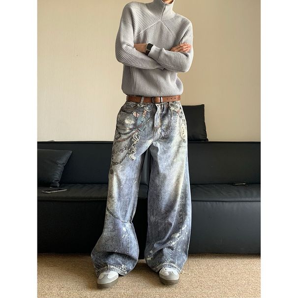 Distressed 3D Print Chain Jeans – Vintage-Inspired Straight-Leg Denim Pants For Men (Blue, S-3XL)_mkmklike.com