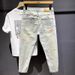 Spring Collection Light Korean Style Slim Fit Cropped Jeans For Short Men Trendy Printed 9/10 Denim Jeans Mid Waist Wide Leg Pants_mkmklike.com