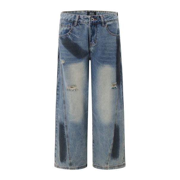 Spray Paint Dirty Wide-Leg Jeans Street Fashion Punk Men's Loose Design Deconstructed Patchwork Ripped Straight Long_mkmklike.com
