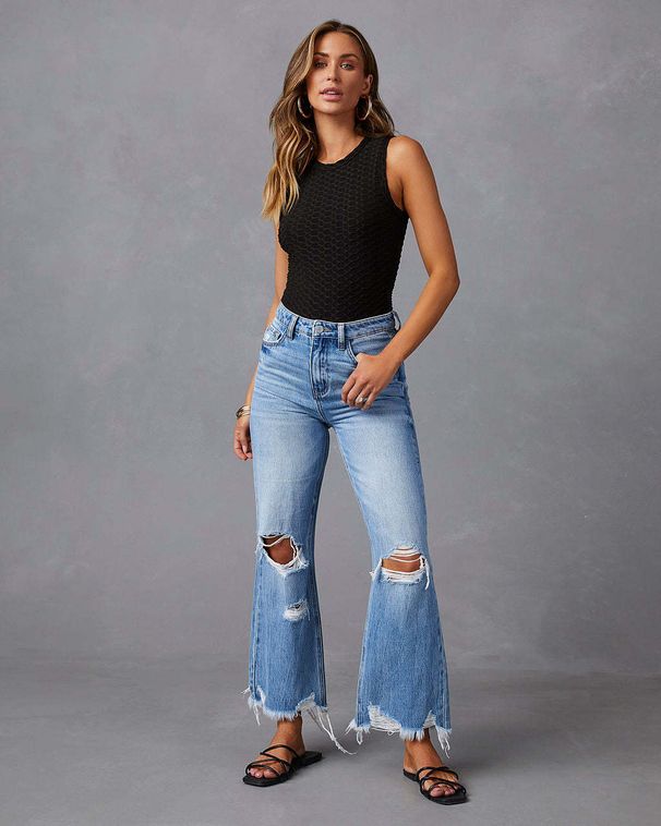 Women's Clothing Distressed Fringe Hem High-Waisted Straight Leg Jeans – Edgy Streetwear & Boho Chic_mkmklike.com