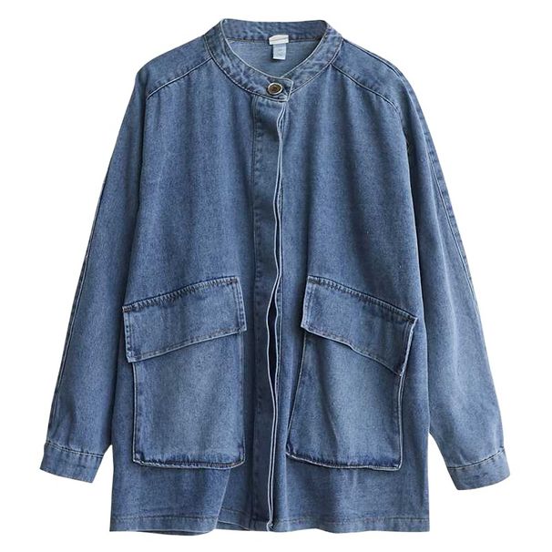 K Large Pocket Artistic Denim Jacket For Women, Loose New Style, Vintage Short Style, Plus Size Denim Jacket_mkmklike.com