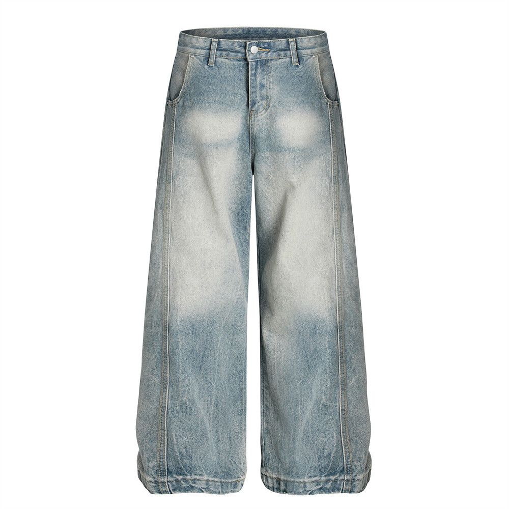 Punk Washed Gradient Denim Wide-Leg Street Style Men's Vintage Distressed Loose Casual Straight Pants_mkmklike.com