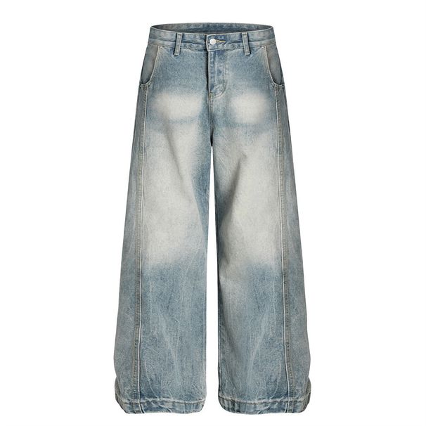 Punk Washed Gradient Denim Wide-Leg Street Style Men's Vintage Distressed Loose Casual Straight Pants_mkmklike.com